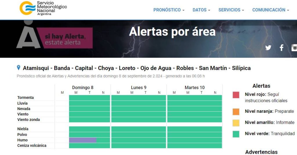 El SMN emitió una advertencia por humo en varias localidades de Santiago del Estero