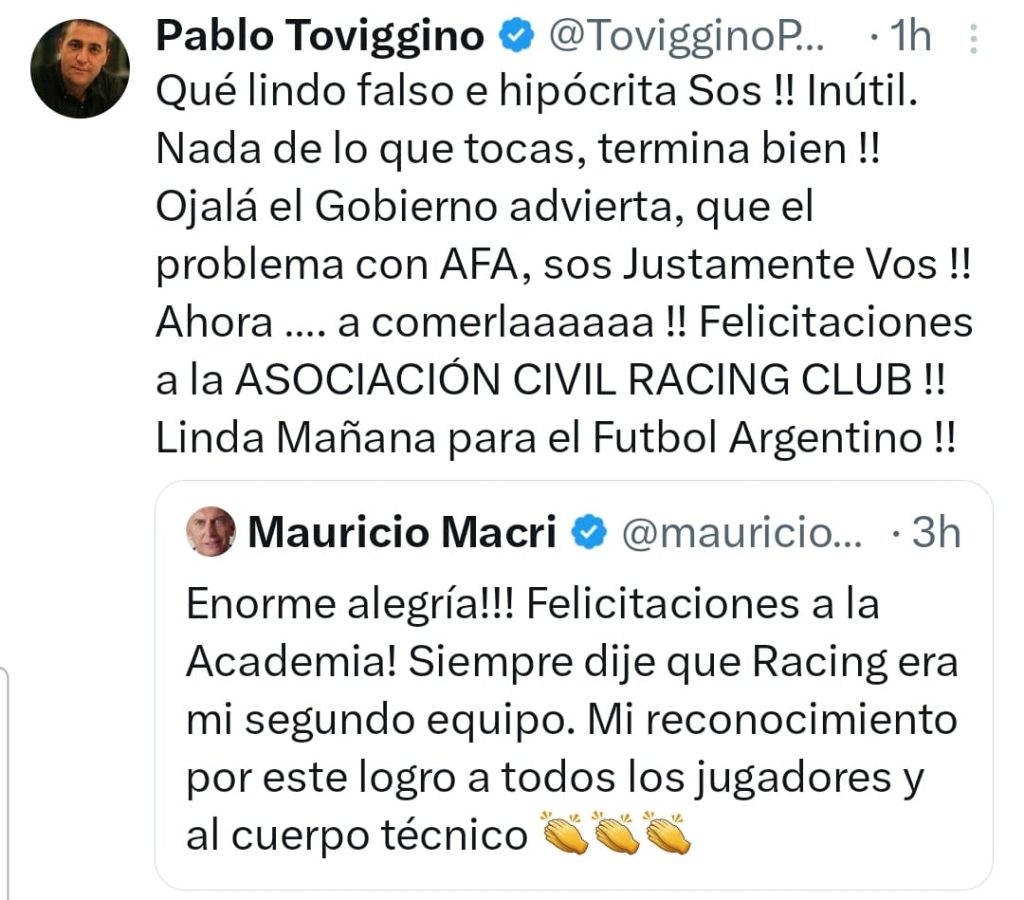 La dura respuesta de Pablo Toviggino a Macri