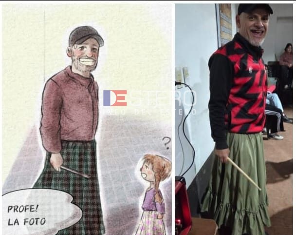La tierna imagen del “profe con pollera”: le enseñaba a bailar a niñas y quedó eternizado en un dibujo