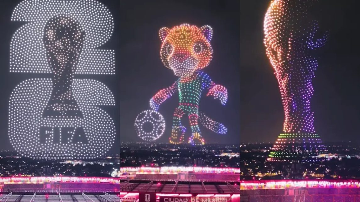 Drones iluminaron el estadio Ciudad de México con mascotas mundialistas a horas de la inauguración
