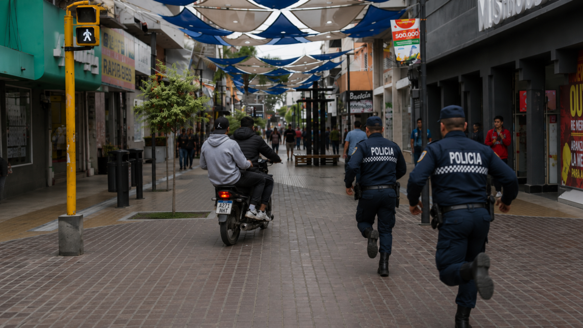Un par de “pícaros” quisieron cruzar en moto por la peatonal Tucumán y terminaron demorados